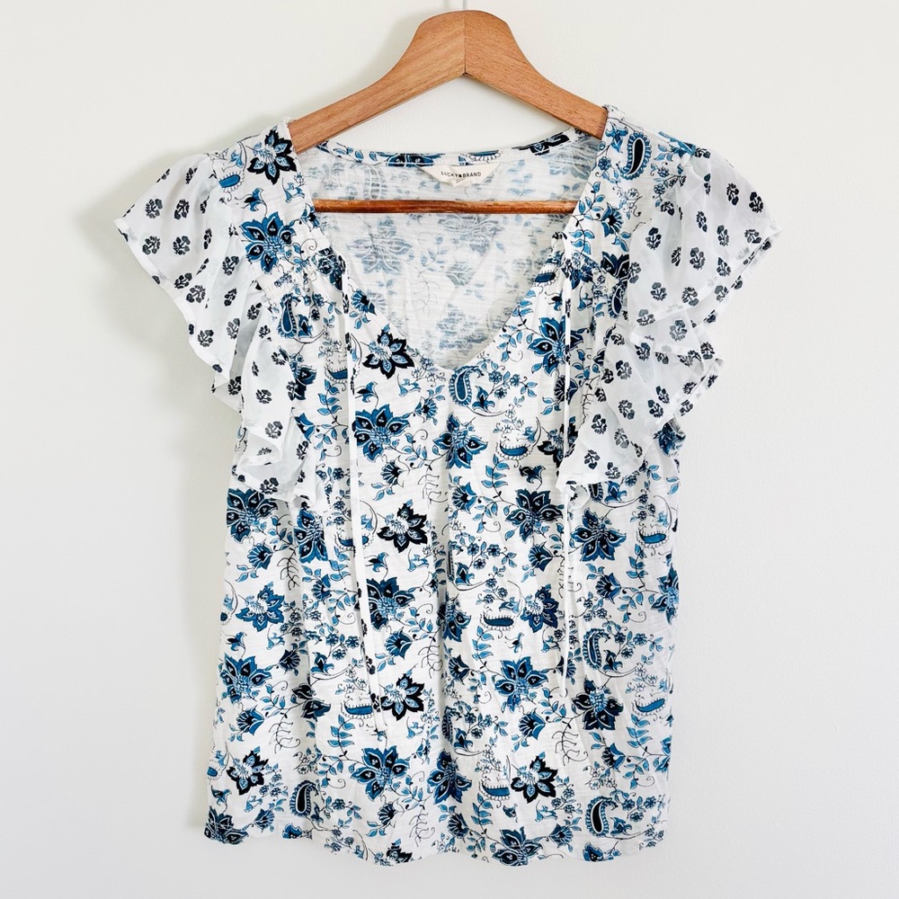 Lucky Brand Flutter-Sleeved Top in White & Blue Paisley Floral Print